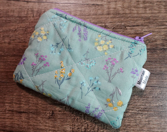 Small Zipper Pouch - Teal Flowers / Purple Lining
