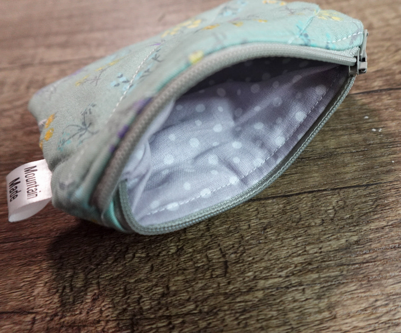Small Zipper Pouch - Teal Flowers / Grey Polka Dot Lining