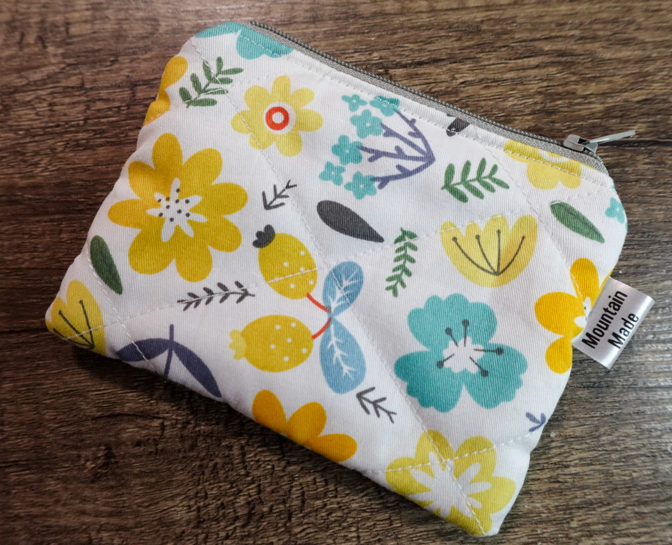 Small Zipper Pouch - White Floral / Grey Dots Lining