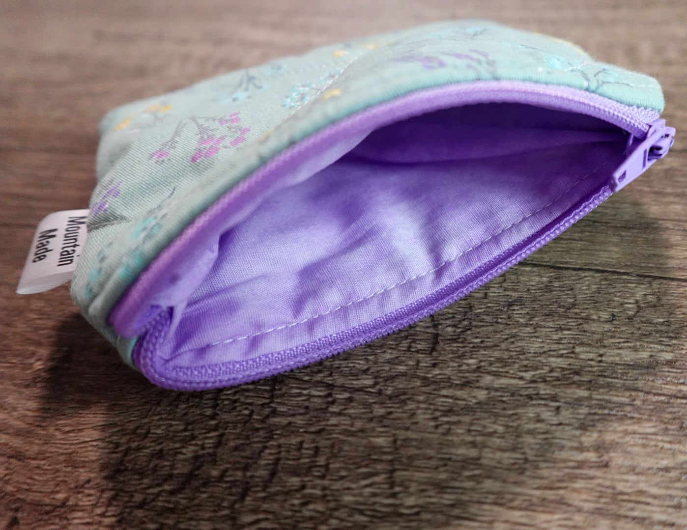 Small Zipper Pouch - Teal Flowers / Purple Lining