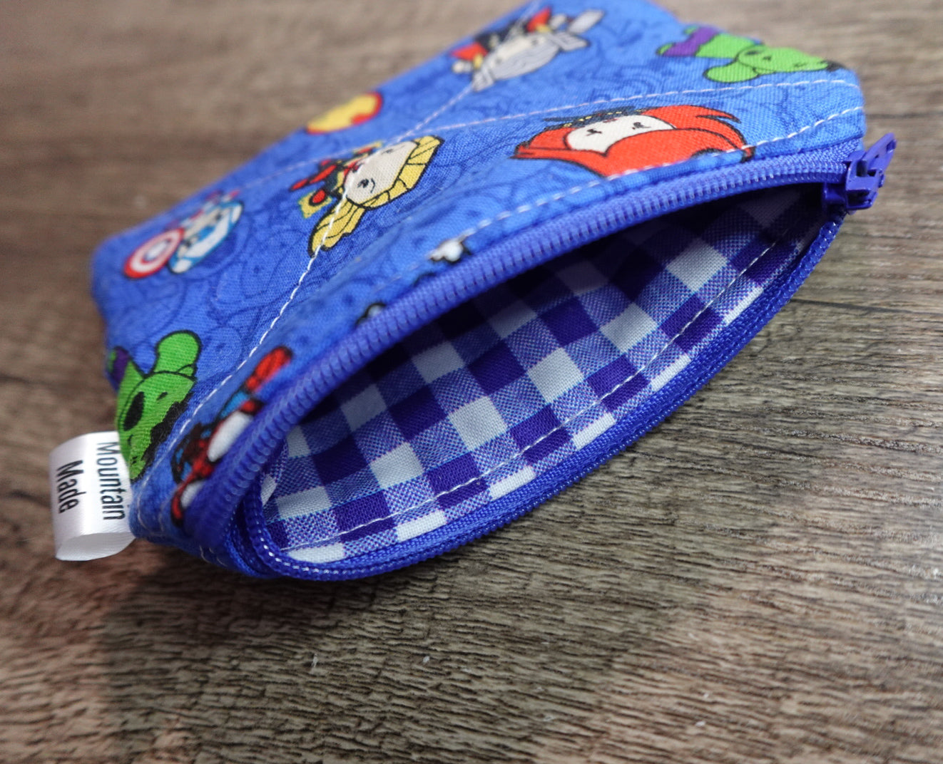 Small Zipper Pouch - Avengers / Blue Check Lining